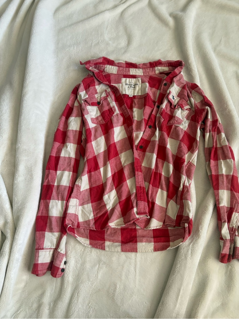 Abercrombie & Fitch Red and White Plaid Hooded Button-Down Shirt